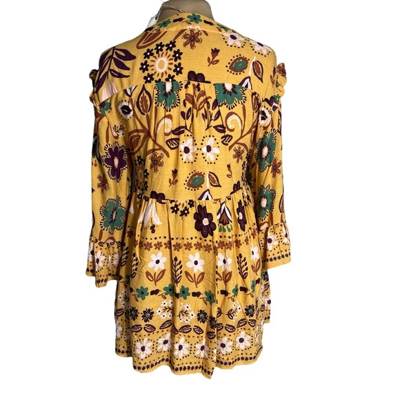 Easel Retro Boho Mustard Yellow Multicolor Floral Babydoll Tunic Top Size Smalll - Picture 3 of 7